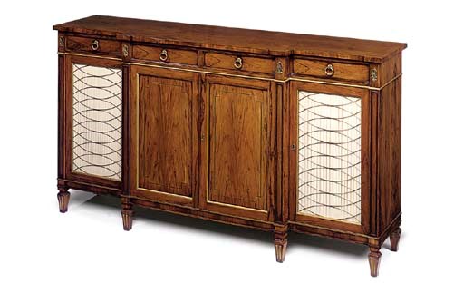 A ROSEWOOD AND BRASS INLAID BREAKFRONT SIDE CABINET