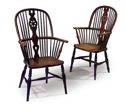 A MATCHED PAIR OF 19TH CENTURY ASH, BEECH AND ELM WINDSOR ARMCHAIRS