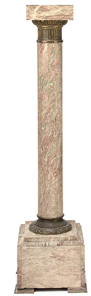 A GILT-METAL MOUNTED VARIEGATED PINK MARBLE PEDESTAL COLUMN