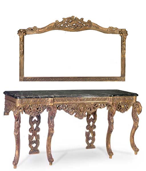 A GOLD PAINTED CONSOLE TABLE AND MIRROR