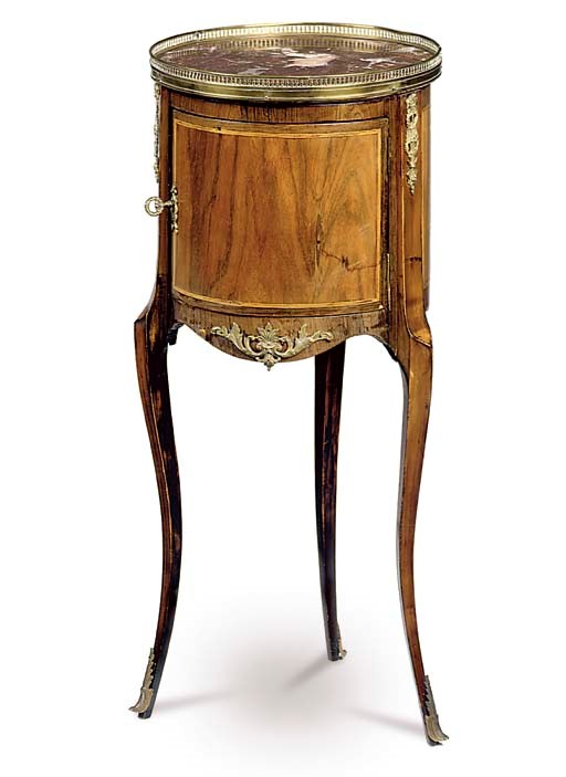 A FRENCH GILT-METAL MOUNTED KINGWOOD BEECH AND INLAID POT CUPBOARD