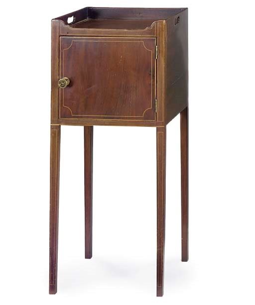 A MAHOGANY AND LINE INLAID POT CUPBOARD