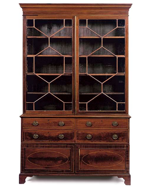 A MAHOGANY SATINWOOD AND LINE INLAID DISPLAY CABINET