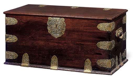 A HARDWOOD AND BRASS BOUND ZANZIBAR CHEST