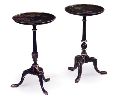 A MATCHED PAIR OF JAPANNED AND PARCEL GILT WINE TABLES