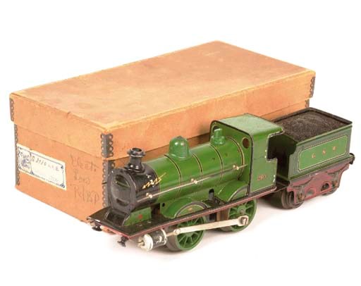 Märklin GNR lithographed electric two-axle Locomotive, Tender and Bing Coaches