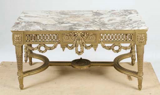 A LOUIS XVI STYLE GILTWOOD MARBLE TOPPED LOW TABLE,