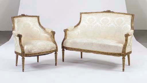 A LOUIS XVI STYLE CARVED GILTWOOD SALON SUITE,