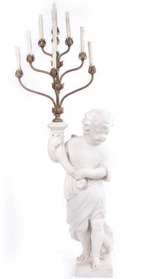 A PAIR OF CARVED WHITE MARBLE AND GILT METAL FIGURAL CANDELABRA,