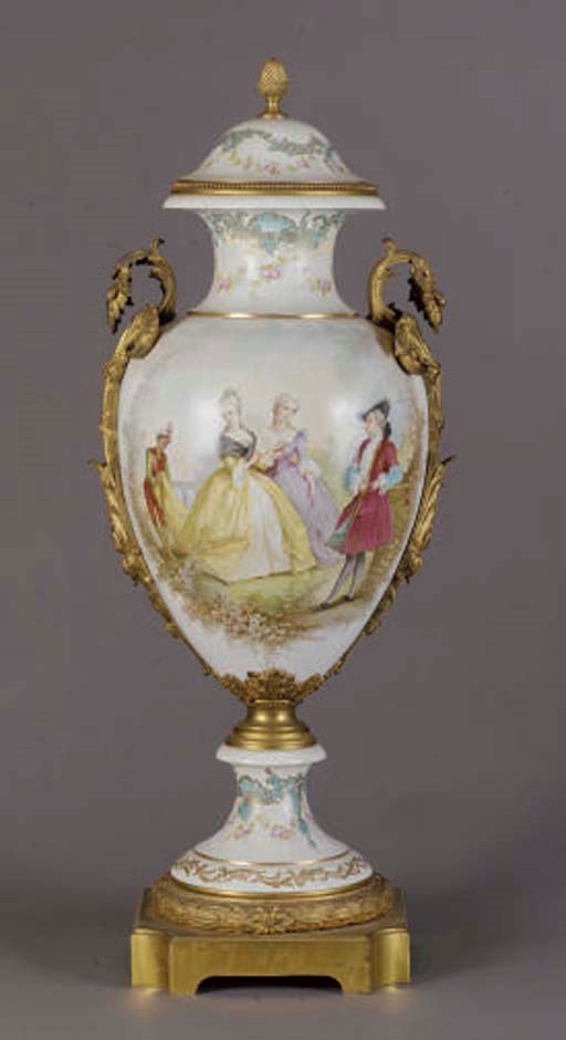 A LARGE SEVRES STYLE GILT-BRONZE MOUNTED PORCELAIN URN,