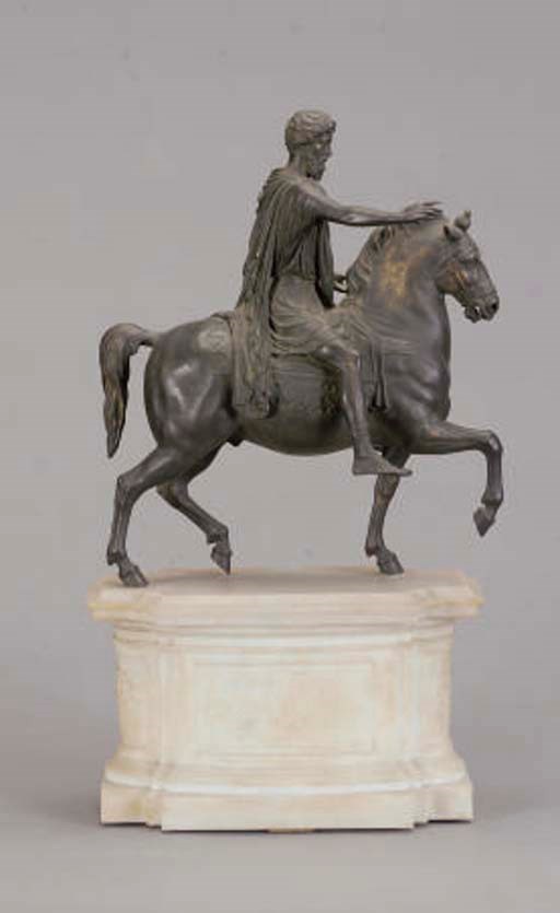 A PATAINATED BRONZE FIGURAL GROUP OF MARCUS AURELUIS ON HORSEBACK,