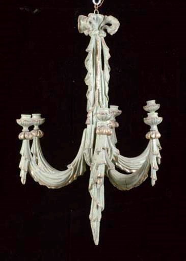 A GREEN-PAINTED PARCEL-GILT CARVED SIX-LIGHT CHANDELIER,