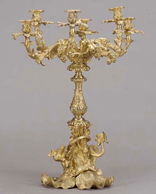 A CONTINENTAL GILT-BRONZE SIX-LIGHT CANDELABRUM,