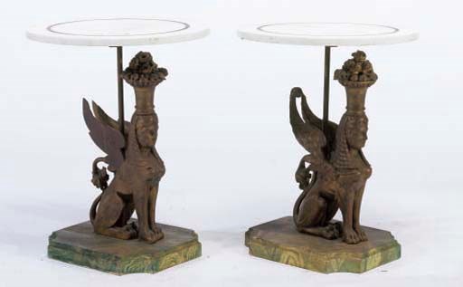 A PAIR OF MARBLE AND FAUX MARBLE SPHINIX DECORATED CIRCULAR LOW TABLES,