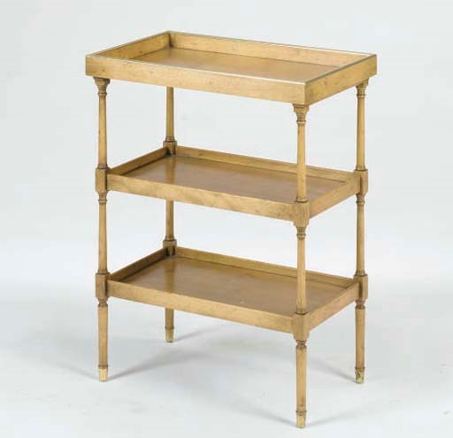 A LOUIS PHILIPPE STYLE FRUITWOOD AND BRASS MOUNTED THREE TIER WHATNOT,