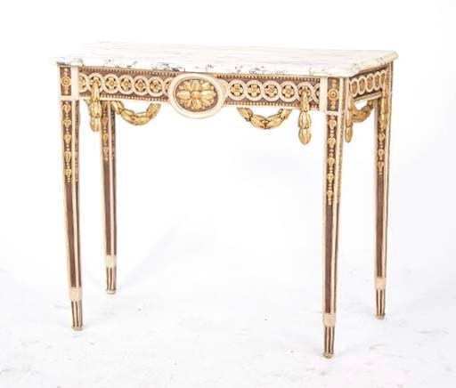 A NEOCLASSICAL STYLE CREAM PAINTED AND GILT DECORATED MARBLE TOP CONSOLE TABLE,
