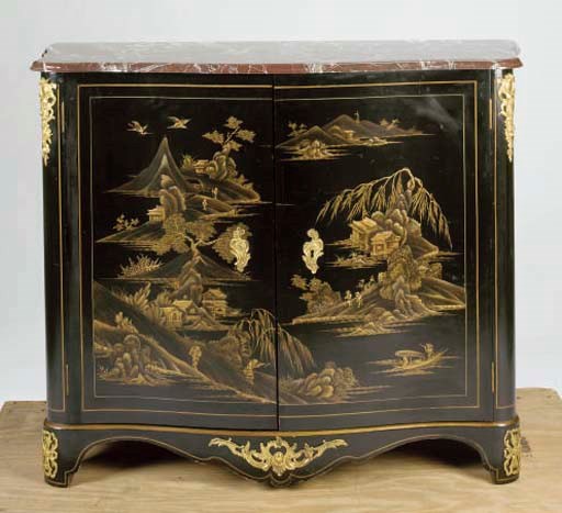 A LOUIS XV STYLE BLACK JAPANNED MARBLE TOP MEUBLE D'APPUI,