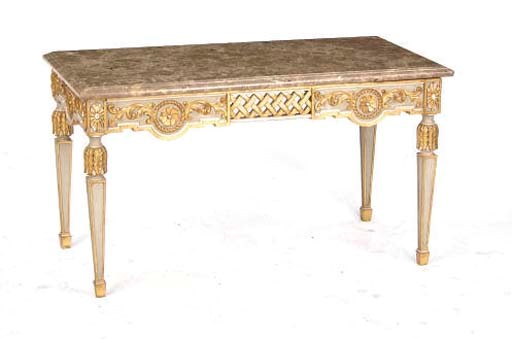 A LOUIS XVI STYLE GREY PAINTED AND PARCEL-GILT DECORATED LOW TABLE WITH MARBLE TOP,