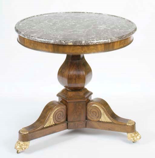 A LOUIS PHILIPPE MAHOGANY PARCEL-GILT MARBLE TOP CENTRE TABLE,