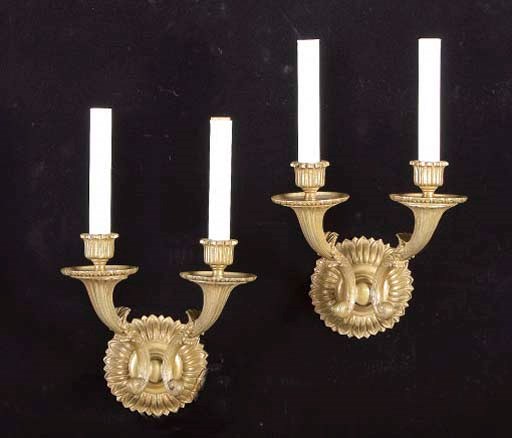 A PAIR OF GILT-BRONZE TWO-LIGHT WALL SCONCES,