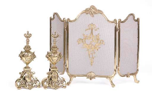 A PAIR OF BRASS CHENET WITH FIRESCREEN,