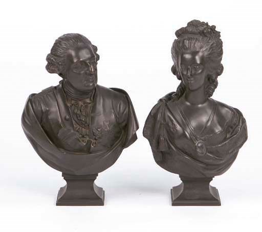 A PAIR OF PATINATED BRONZE BUSTS OF MARIE ANTOINETTE AND LOUIS XVI,