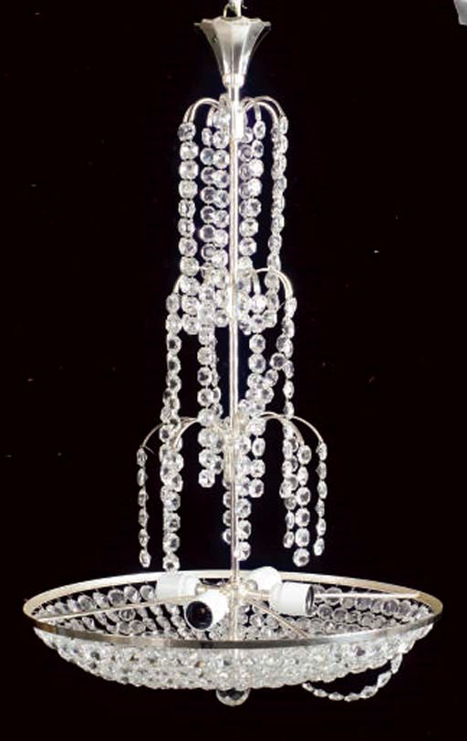 A PAIR OF SILVERED METAL AND CUT-GLASS CASCADE FORM CHANDELIERS,