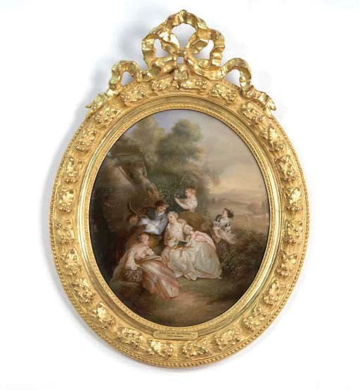 TWO REVERSE GLASS PAINTINGS IN OVAL GILTWOOD FRAMES,
