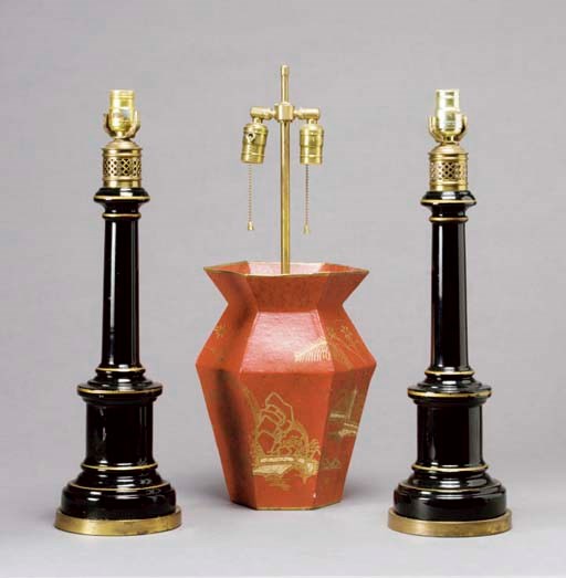 A PAIR OF BLACK GLASS AND GILT-DECORATED COLUMNAR FORM TABLE,