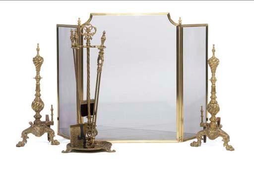 A PAIR OF GILT-BRONZE ANDIRONS WITH FIRESCREEN AND TOOLS,
