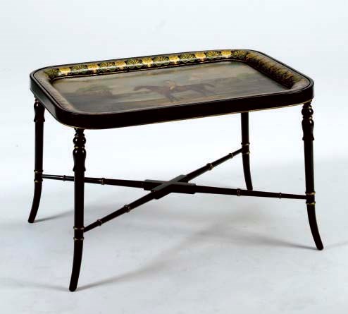 A VICTORIAN TOLE PEINTE TRAY ON LATER STAND,