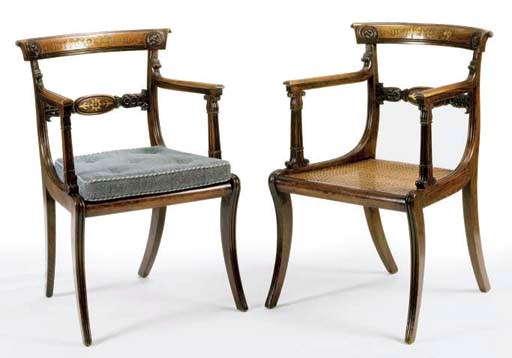 A PAIR OF REGENCY ROSEWOOD AND PAINTED BRASS INLAID OPEN ARMCHAIRS,