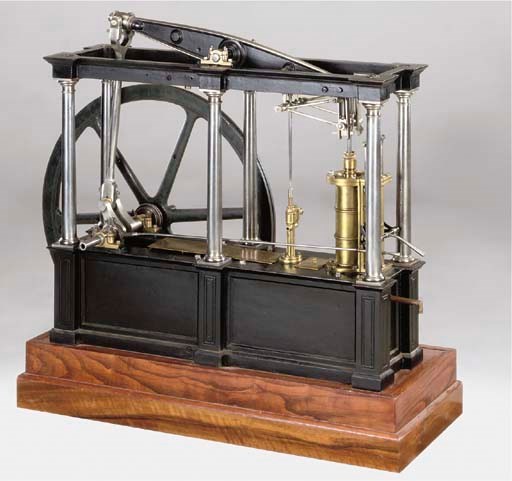 A fine cast iron and brass contemporary early 19th-century instruction model of a six-pillar single cylindar rotative beam engine,