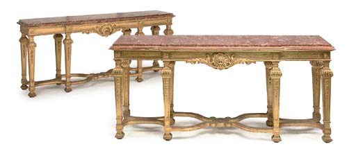 A PAIR OF ROYAL PALACE GILTWOOD BREAKFRONT CONSOLE TABLES
