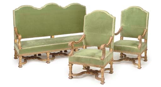A ROYAL PALACE GILTWOOD SOFA AND A PAIR OF ARMCHAIRS