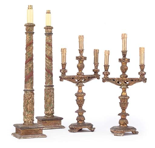 A PAIR OF ITALIAN GILTWOOD THREE LIGHT CANDELABRA