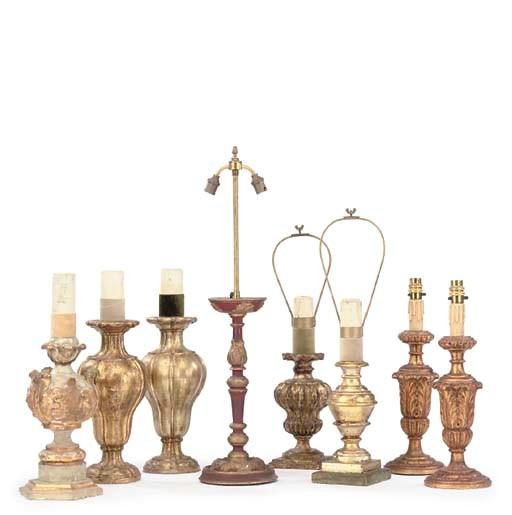 A COLLECTION OF ITALIAN GILDED AND PAINTED TABLE LAMPS