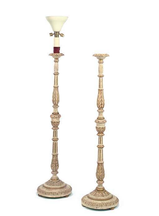 A PAIR OF CREAM AND GOLD-PAINTED WOOD STANDARD LAMPS