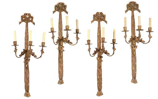 FOUR GILTWOOD THREE-LIGHT WALL APPLIQUES