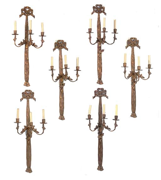 A COLLECTION OF SIX GILTWOOD THREE-LIGHT WALL APPLIQUES