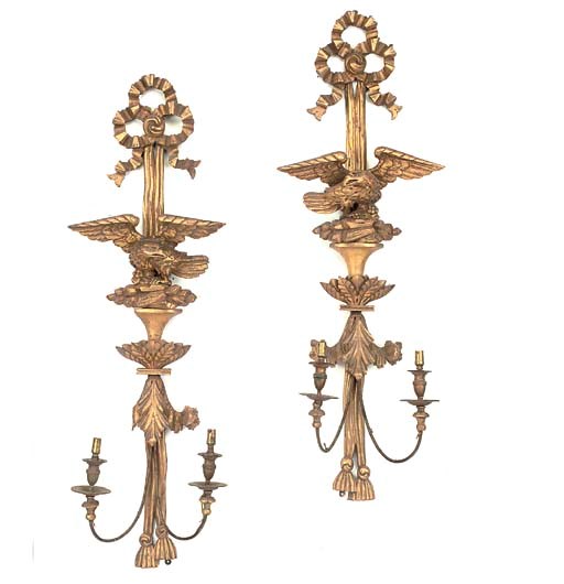 A PAIR OF GILTWOOD AND BRASS-MOUNTED TWIN-LIGHT WALL APPLIQUES