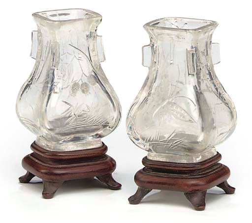 A PAIR OF ENGRAVED GLASS JAPONAISERIE SQUARE SECTION BALUSTER VASES