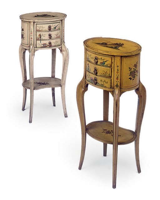 A PAIR OF POLYCHROME DECOARTED OVAL SIDE TABLES