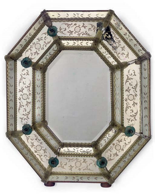 AN ETCHED AND COLOURED GLASS OCTAGONAL MIRROR