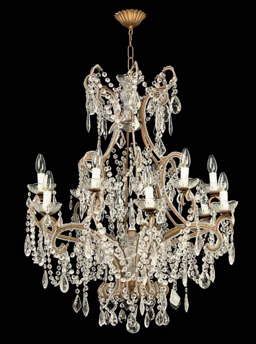 A GLASS MOUNTED GILT-METAL TWELVE-LIGHT CHANDELIER