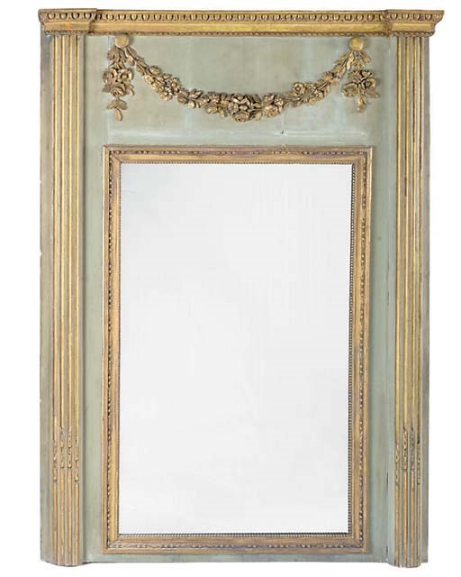 A FRENCH PARCEL GILT AND PAINTED TRUMEAU MIRROR