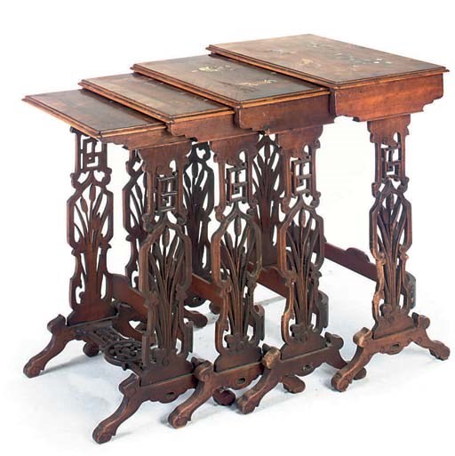 A SET OF FRENCH KINGWOOD MOTHER OF PEARL AND IVORY INLAID QUARTETTO TABLES