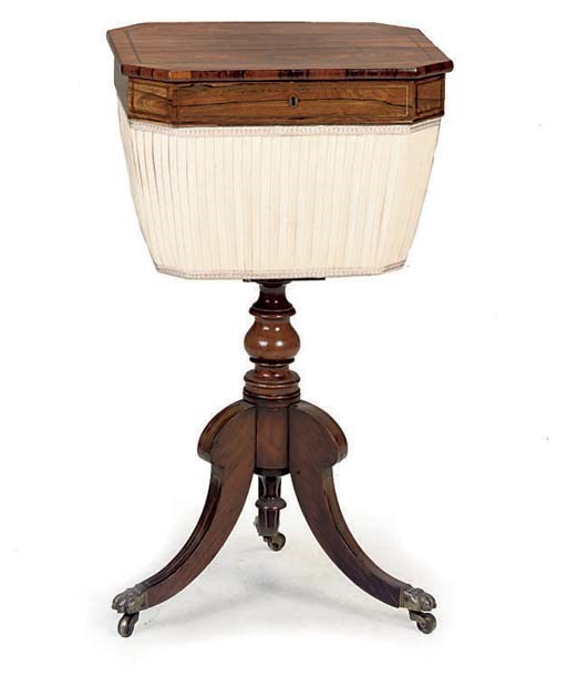 A REGENCY ROSEWOOD AND BRASS INLAID SEWING BOX
