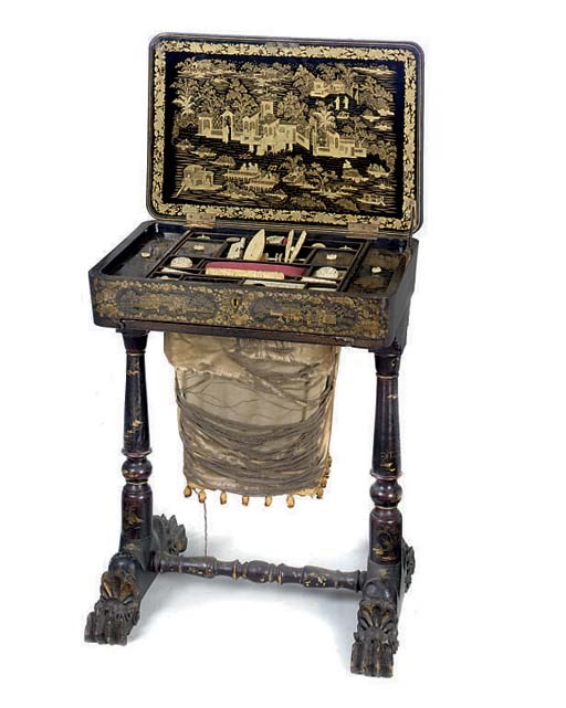 A CHINESE EXPORT BLACK JAPANNED AND GILT DECORATED WORK TABLE