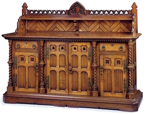 A MID-VICTORIAN WALNUT AND OAK SIDEBOARD